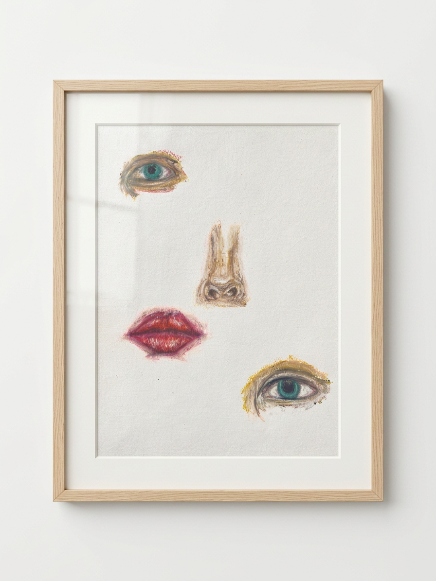 Study drawing of eyes, a nose and lips in colored pencil