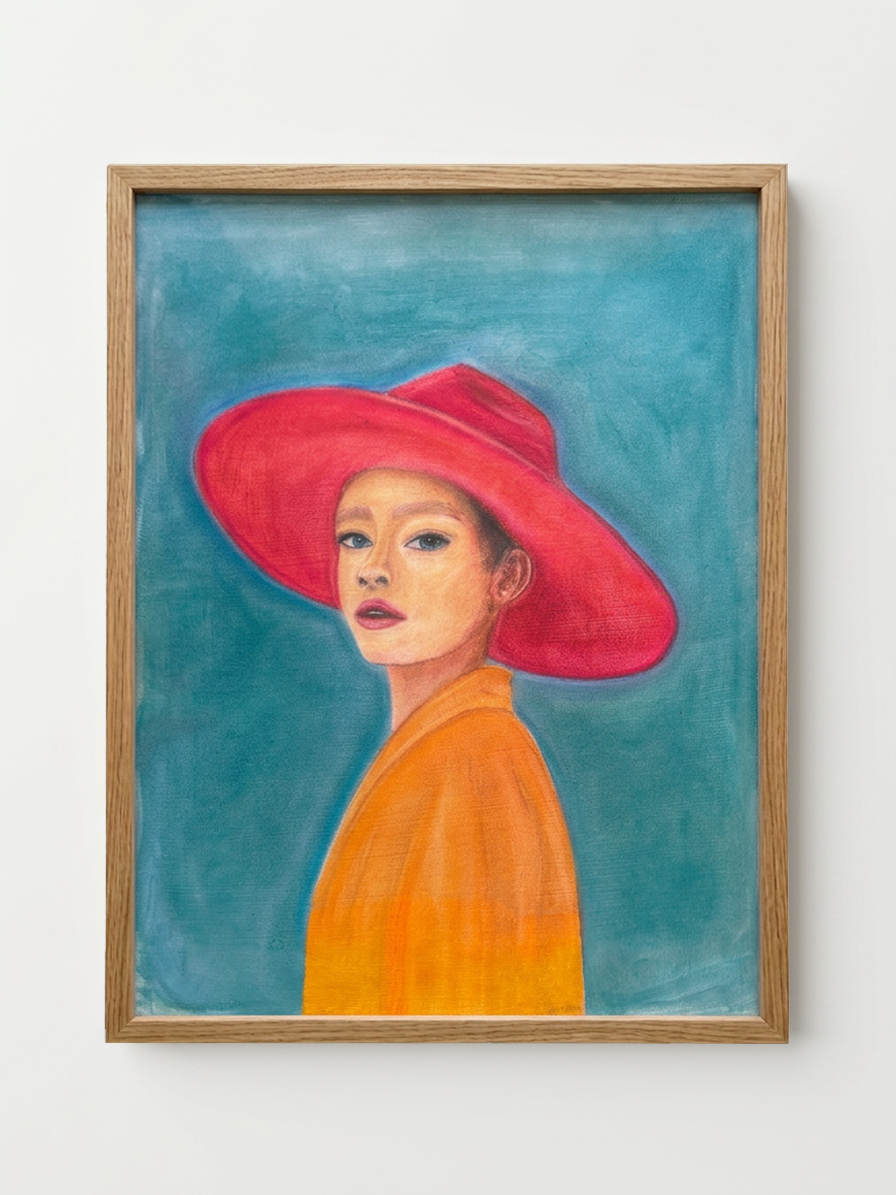 Painting of a woman with a red hat and orange jacket