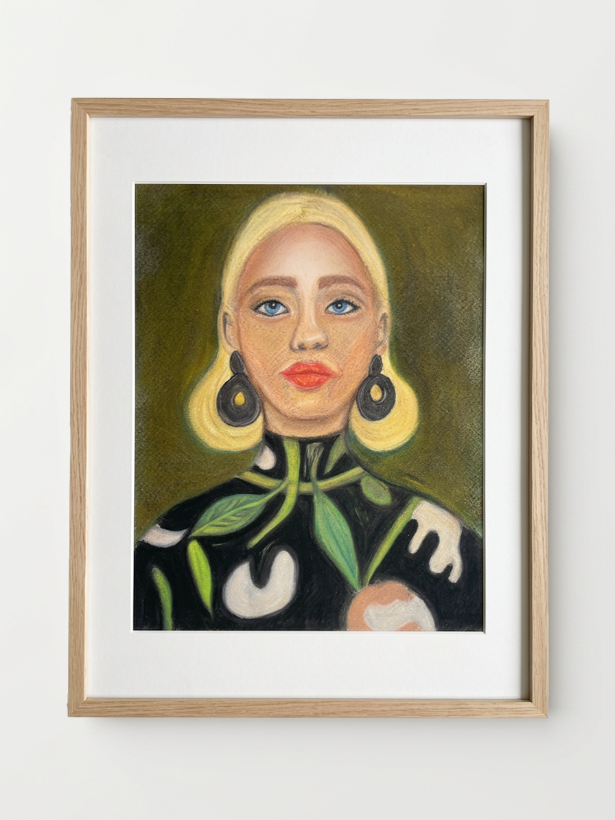 Painting of a blonde woman with earrings and a patterned top
