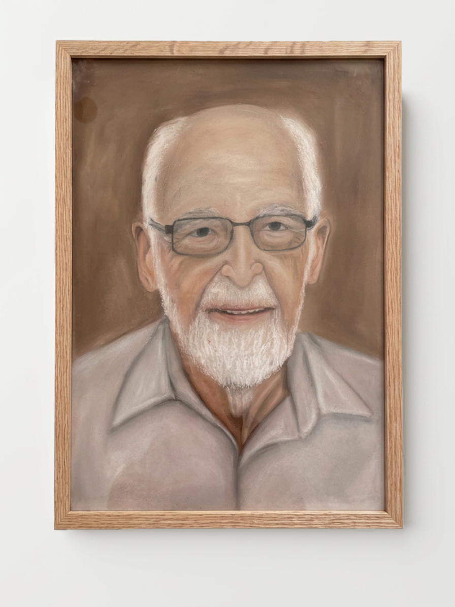 Painting of an elderly man with a beard and glasses